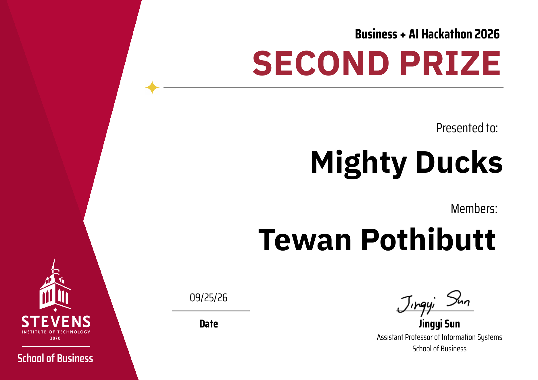 Second Prize certificate for team Mighty Ducks at the Business and AI Hackathon 2026